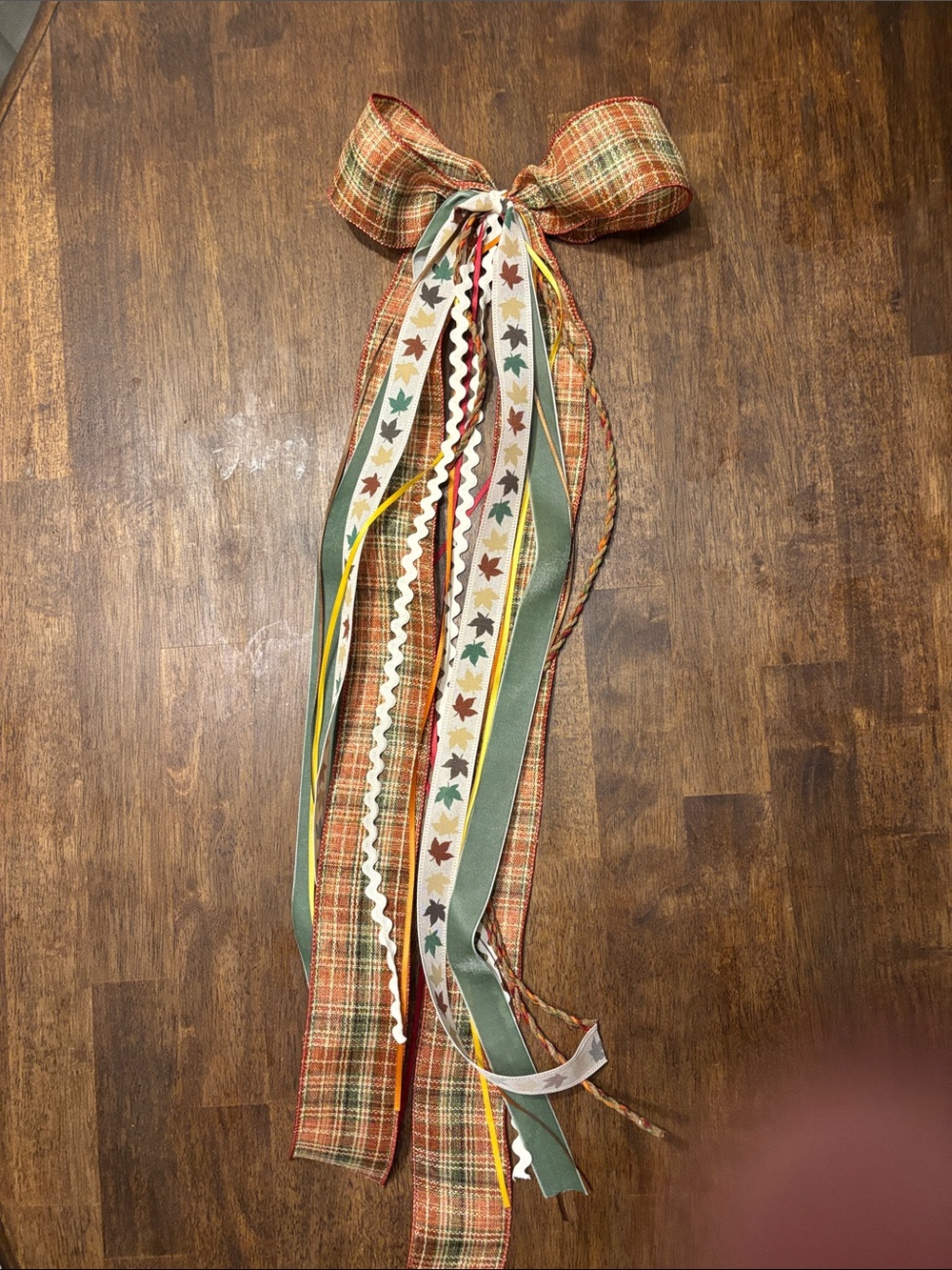 Autumn Plaid Bow Accent with Green and Orange Leaf Streamers